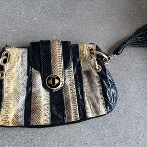 Botkier Black and Gold Striped Python Embossed Leather Clutch